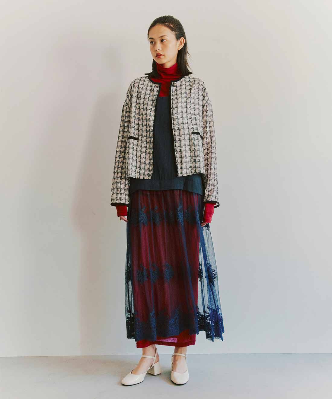 mensha!|まるでツイード！？ 軽くてきれいなガーゼジャケットとチュールレースとガーゼのキャミワンピースと[いっしょ買いで 220円OFF] ガーゼ タートルネックと〈ガーゼ〉カットソー タートルネックと〈ガーゼ〉カットソー レイヤードスカートのコーディネート