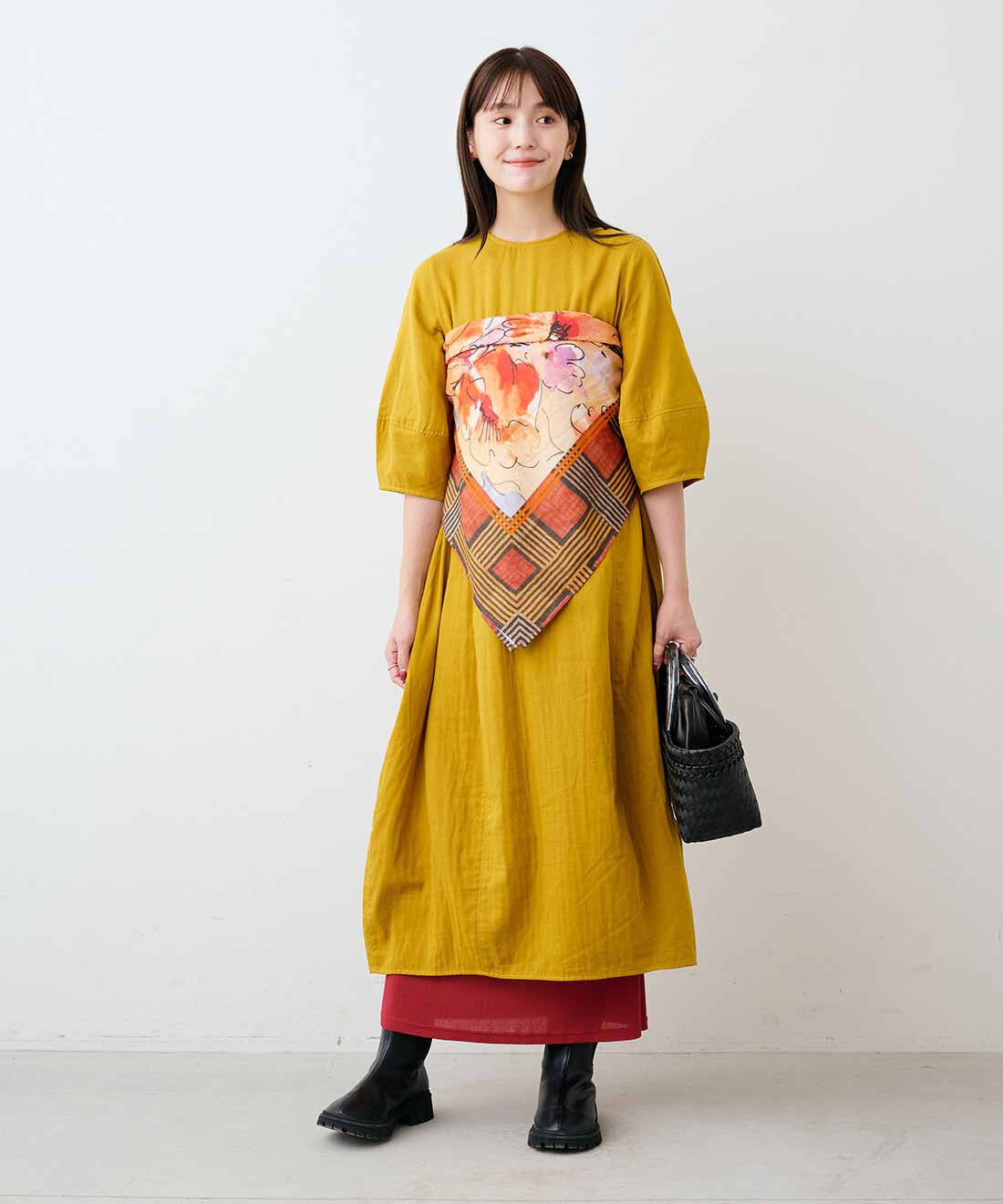 mensha!|ガーゼでドレスアップコクーンワンピ－ス〈トパーズイエロー〉と〈ガーゼ〉カットソー レイヤードスカートと[いっしょ買いで 220円OFF] ガーゼ スカートと[初回お試し209円OFF]大判ダブルガーゼスカーフのコーディネート