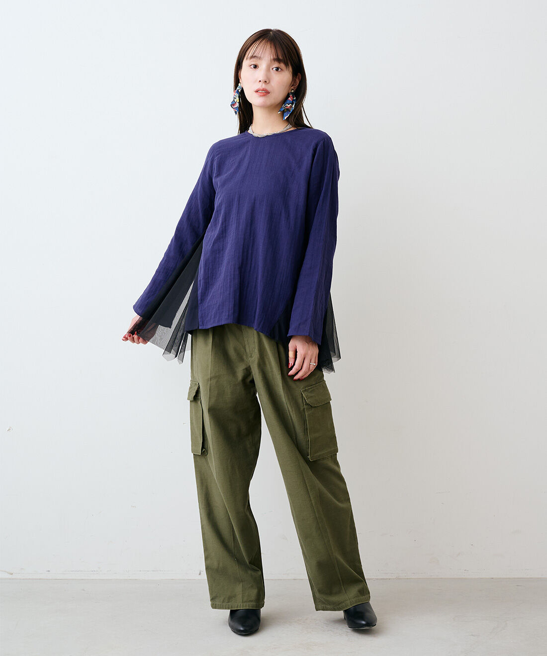 mensha!|ガーゼとチュールのサイドフレアートップスのコーディネート