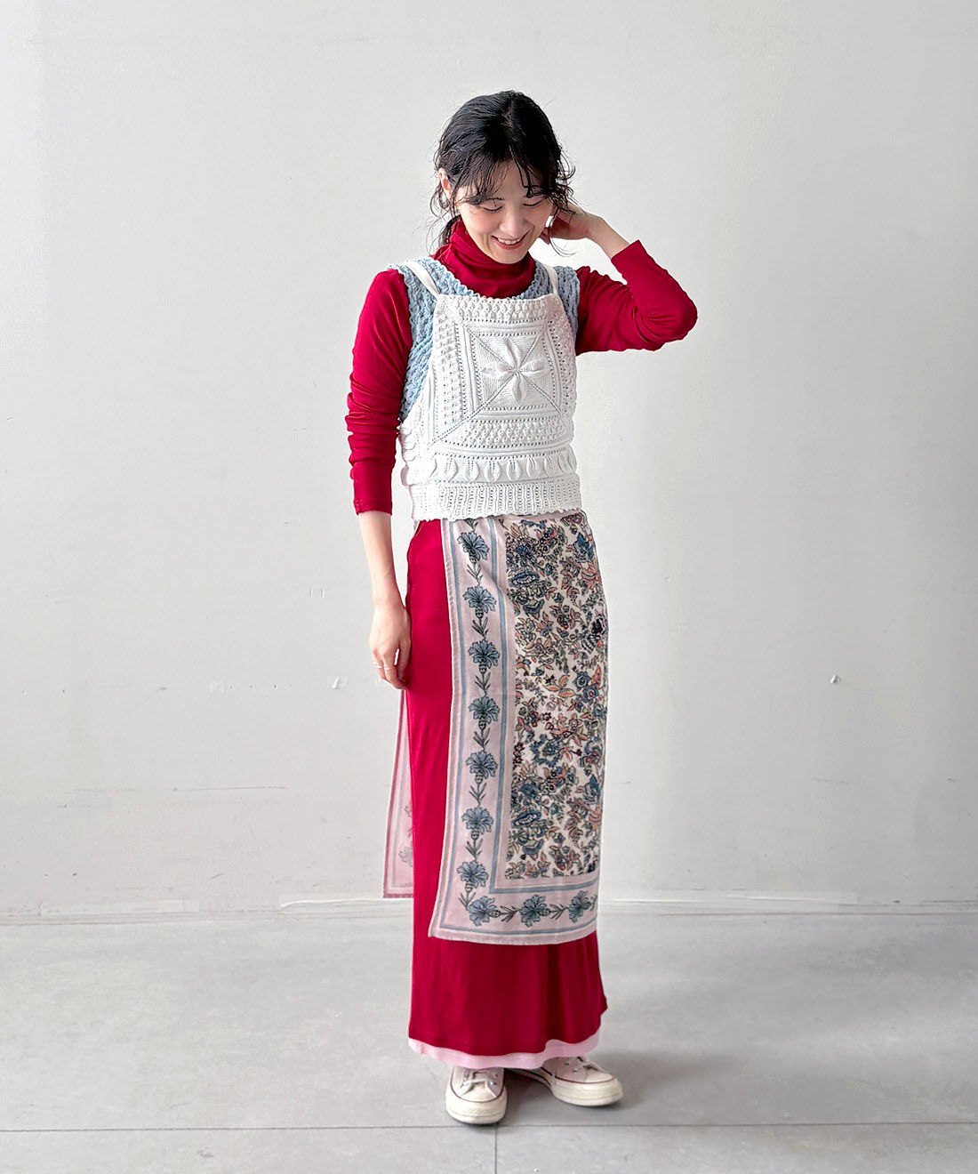 mensha!|〈ガーゼ〉カットソー タートルネックと〈ガーゼ〉カットソー レイヤードスカートと[初回お試し209円OFF]大判ダブルガーゼスカーフのコーディネート