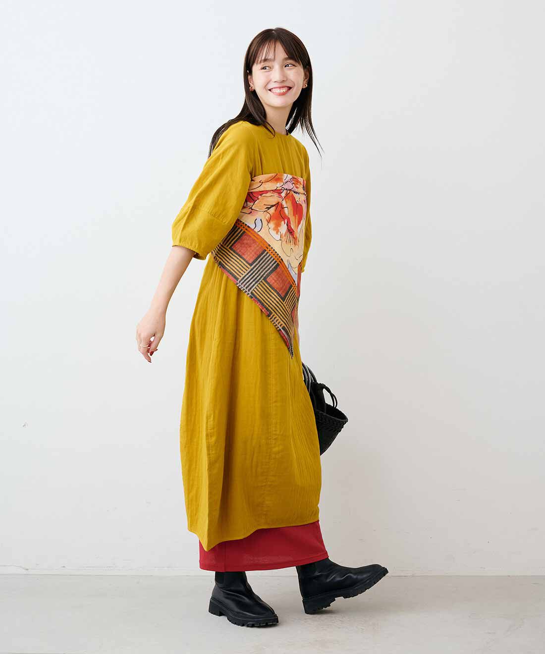 mensha!|ガーゼでドレスアップコクーンワンピ－ス〈トパーズイエロー〉と〈ガーゼ〉カットソー レイヤードスカートと[いっしょ買いで 220円OFF] ガーゼ スカートと[初回お試し209円OFF]大判ダブルガーゼスカーフのコーディネート