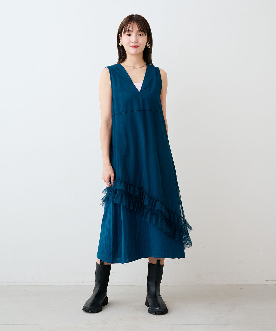 mensha!|ガーゼにチュールを重ねた ドレスアップワンピースと〈ガーゼ〉カットソー レイヤードスカートのコーディネート