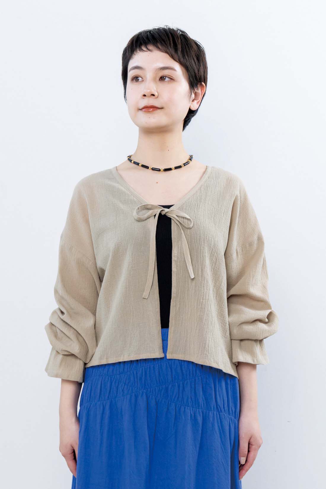 mensha!［メンシャ！］|mensha!　シングル楊柳ガーゼ 2-WAYカーデブラウスの会|スタッフ身長：157cm　着用サイズ：M
