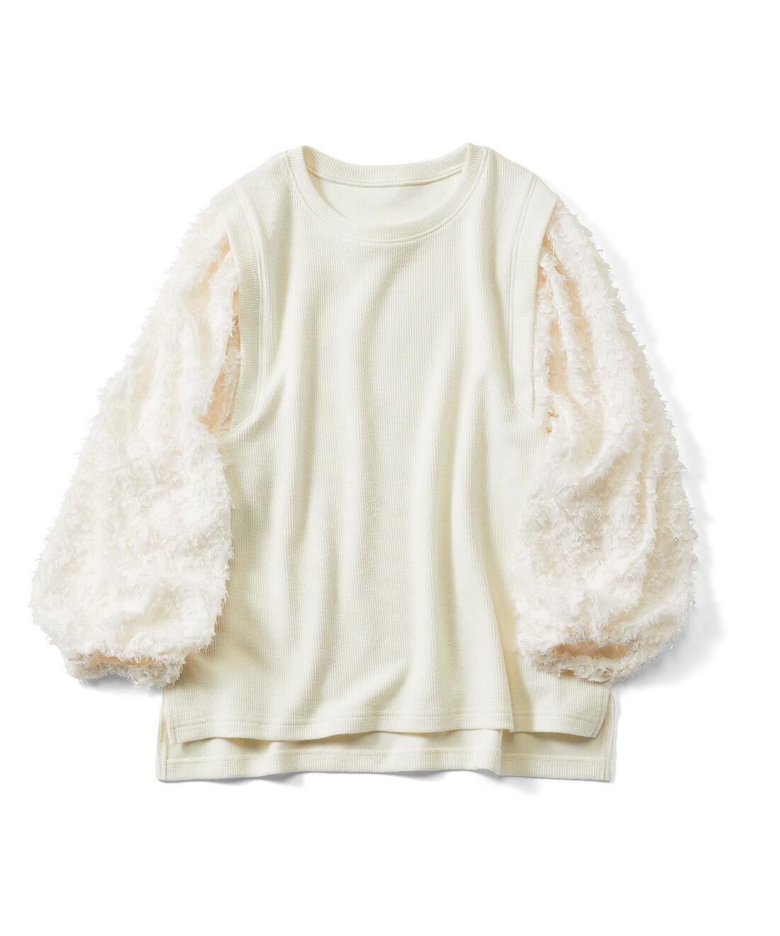 Live in  comfort| リブ　イン　コンフォート　忙しい朝の救世主　フリンジジャカードが華やかな　異素材ドッキングブラウス〈アイボリー〉|アイボリー