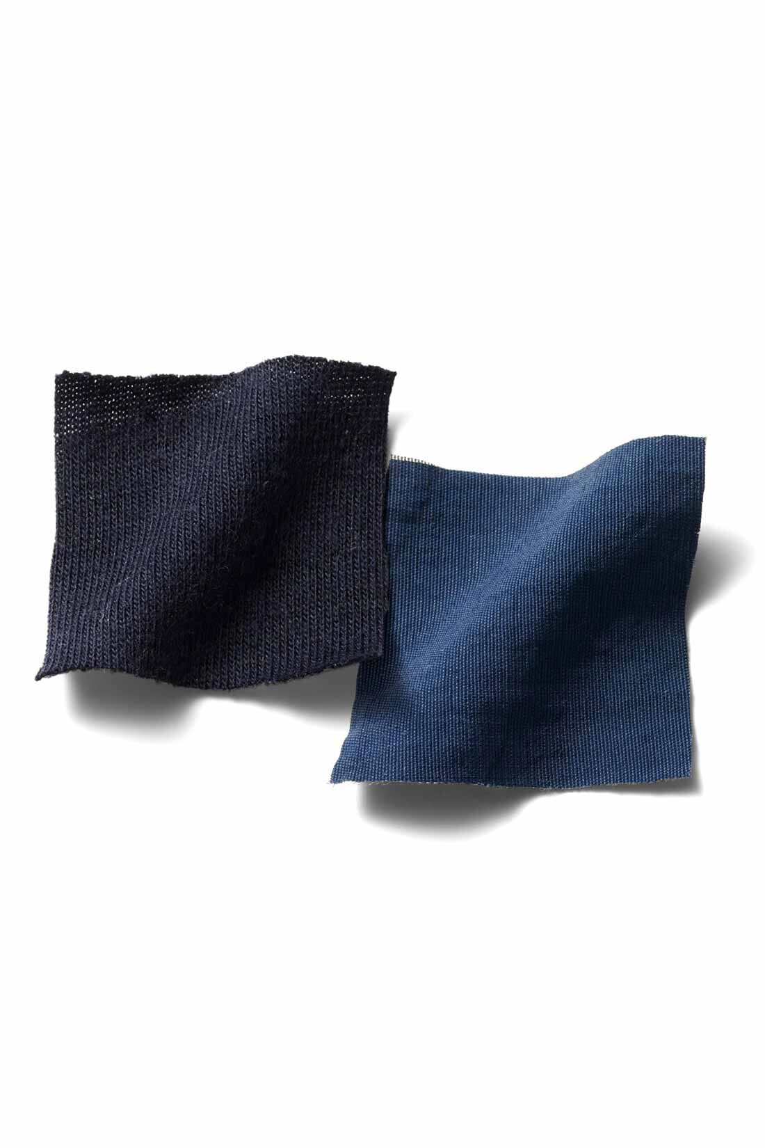 Live in comfort［リブインコンフォート］|リブ イン コンフォート　汗じみ軽減加工のカットソー×軽やかナイロン素材の切り替えワンピース〈ネイビー〉|伸びやかなカットソーと軽やかで張り感のあるナイロン素材をドッキング。
