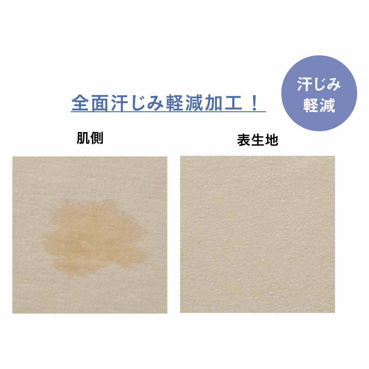 flufeel［フラフィール］|わき、背中、胸もとの汗じみ対策に さわやかに着まわし力上がるフレンチスリーブトップスの会|肌側全面に汗じみ軽減加工をほどこした天じく素材。わきや背中、胸もとなど汗じみが気になるポイントの汗が表生地にしみ出しにくい。