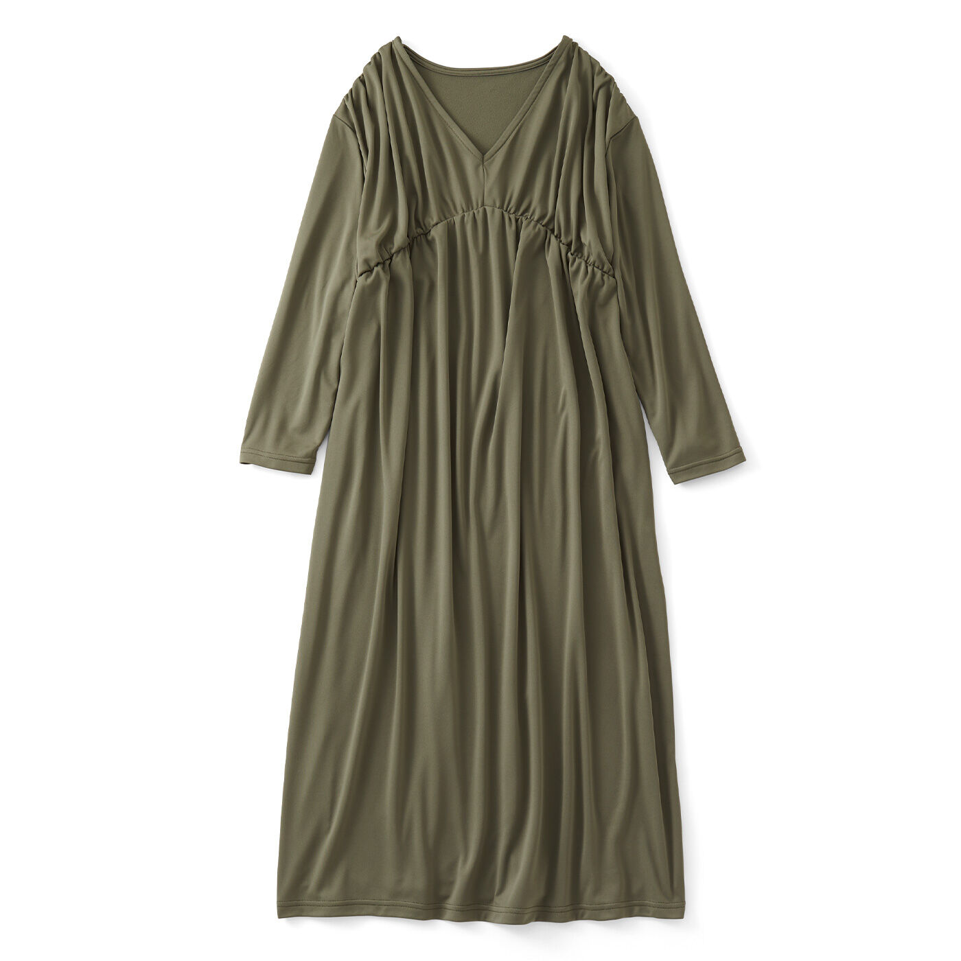 flufeel|ふんわりギャザーでさりげなく体形カバー きれい映えする微起毛ワンピースの会|〈カーキ〉