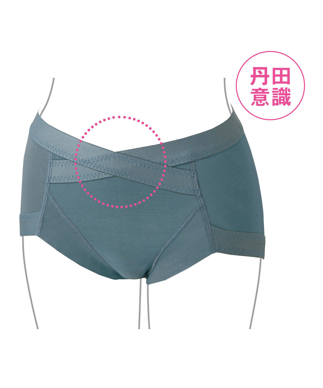 flufeel|丹田意識でからだ美バランス ヒップサポート ヨガ気分ショーツ〈エクササイズ／ベーシックカラー〉の会|【正面】幅広ゴムベルトを丹田の位置でクロスするように配置。ツボを自然に意識させます。