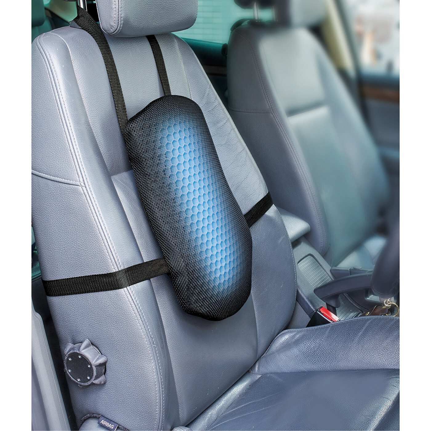 フェリシモの雑貨 Kraso|車のシートに付けて腰や背中をホールド　ダブルハニカム構造の腰サポートゲルクッション|【縦向き取り付け】クッションが背中のすき間を埋めて正しい姿勢を促します。