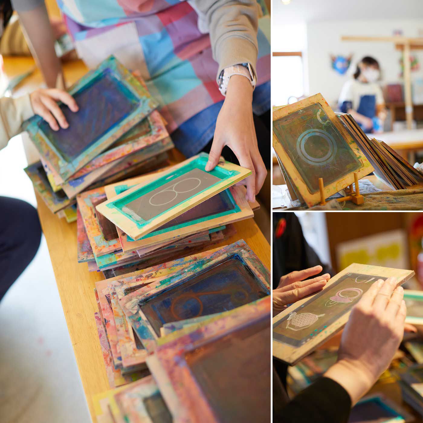 フェリシモの雑貨 Kraso|【数量限定】LIVE WORKS トートバッグ〈イエロー〉|How to ……【版をえらぶ】ひとりでも刷りやすい小さめの版がずらり。ウエダさんがデザインした100種類以上のモチーフから、それぞれ気になる版を自由に選びます。