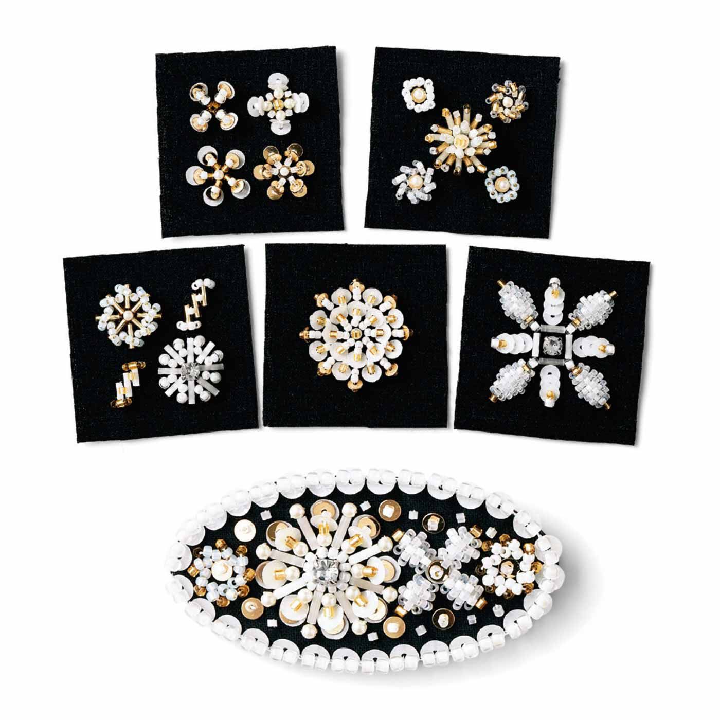 Couturier|【初回特別価格 6回エントリー】「はじめてさんのきほんのき」 気軽にはじめるビーズ刺しゅうの会|【6ヵ月目】スパンコールも多めに使って立体的なモチーフに挑戦。上品な白系とゴールド系のビーズを使って樹脂パールもアクセントに。 ブローチ 縦約3.5cm、横約7cm