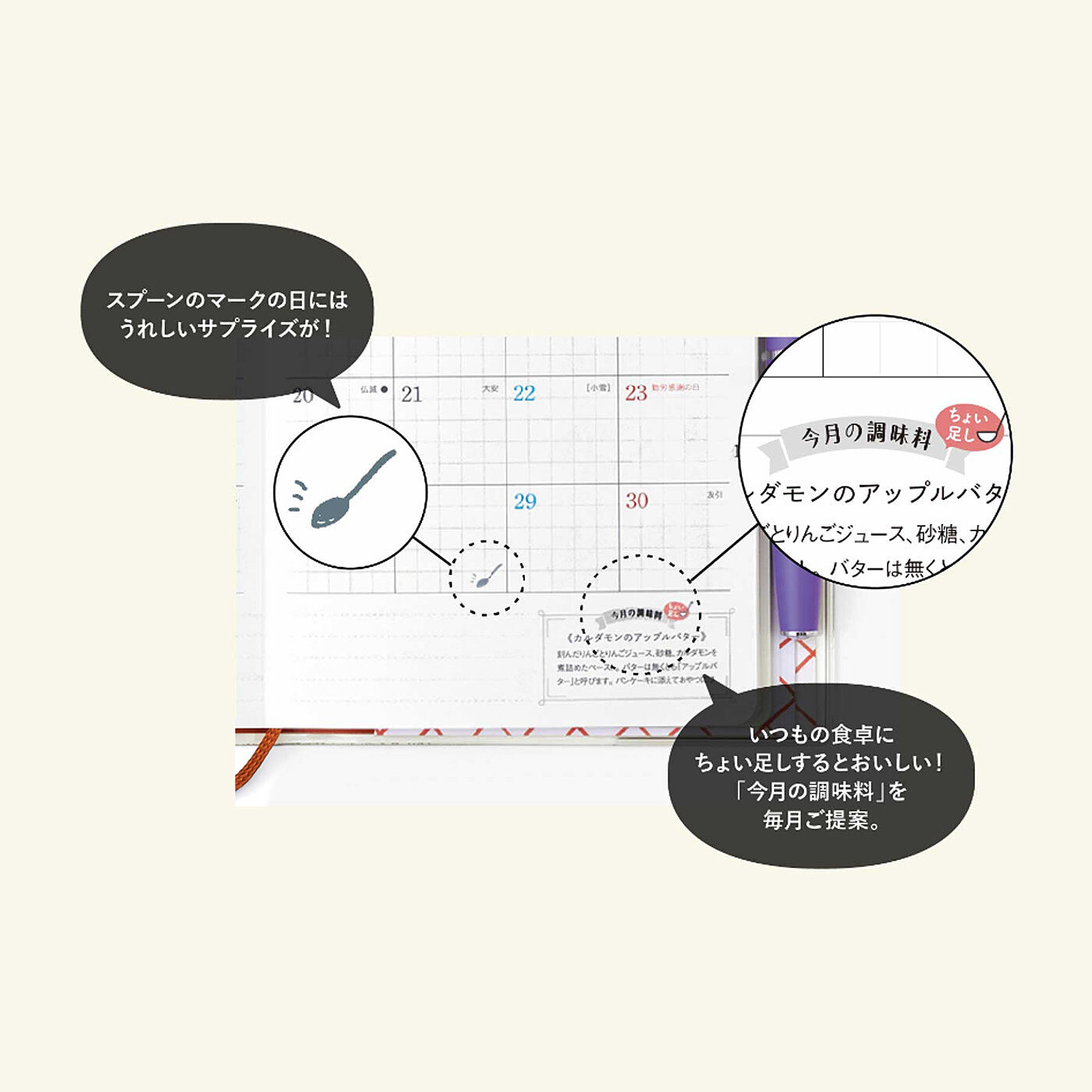 MonthlyBOX|いつも一緒の小さなフェリシモ手帳「コンパクト」 A6サイズ|いつもの食卓にちょい足しするとおいしい「今月の調味料」を毎月ご提案。スプーンマークの日は手帳の中にある二次元バーコードを読み込むとうれしいサプライズが……！