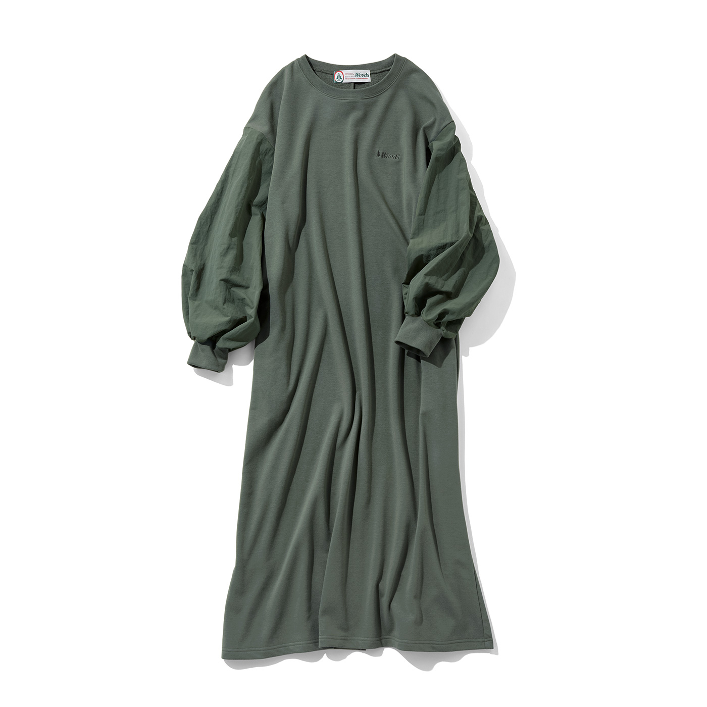 IEDIT|【L～4Lの低身長/高身長さん向けサイズ】WOODSコラボ ナイロン遣いのボリュームスリーブスウェットワンピース〈ライトカーキ〉