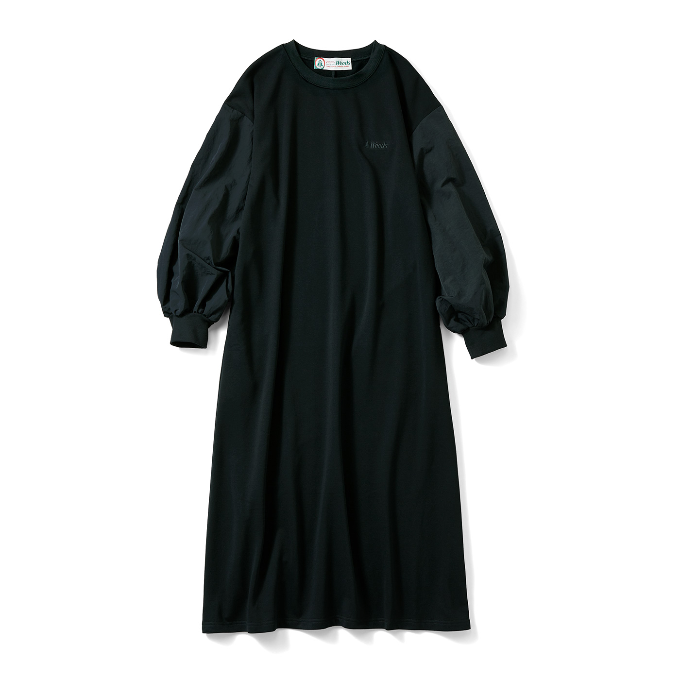 IEDIT|【L～4Lの低身長/高身長さん向けサイズ】WOODSコラボ ナイロン遣いのボリュームスリーブスウェットワンピース〈ブラック〉